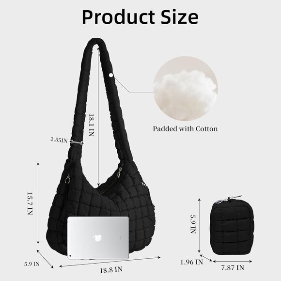 Large Quilted Tote Bag Nylon Puffer Oversized Carryall Pouch Crossbody - Picture 2 of 6